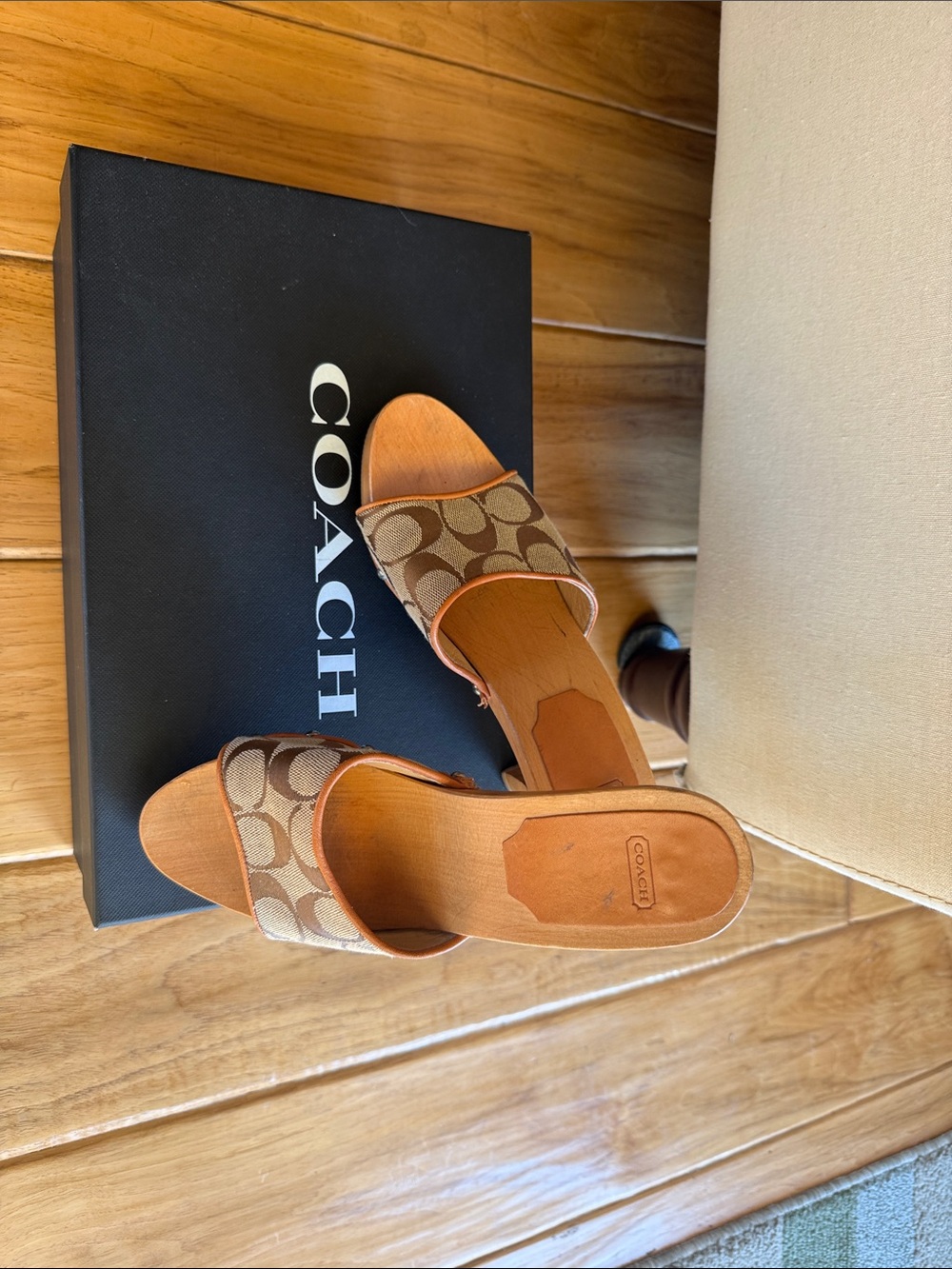 Coach Monogram Canvas Slide Sandals in Brown and Tan